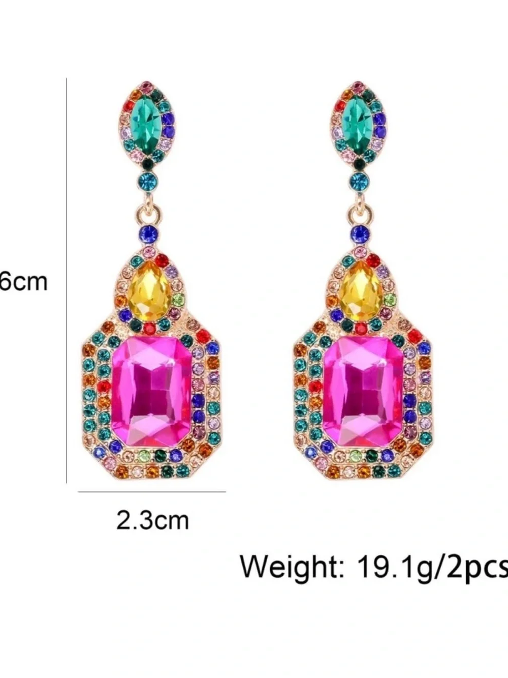 Multicolor Crystal Drop Earrings - Pink Center